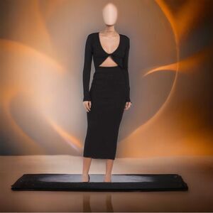 HOUSE OF HARLOW 1960 Long Sleeves Black Ribbed Twist Front  Midi Dress Sz M NWT!